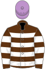 Brown and white hoops, mauve cap
