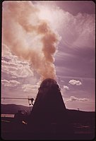 Wigwam burner at a Louisiana-Pacific lumber plant in Post Falls, Idaho (May 1973)