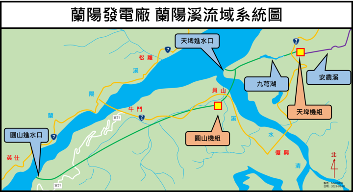 蘭陽發電廠蘭陽溪流域系統圖。