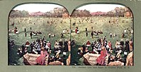 An 1870 Stereoscope view of the Boys Playground with architect Calvert Vaux's Boys Play House in the distance.