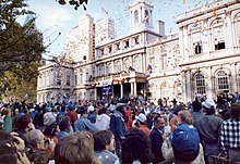 Fans gather in front of New York City Hall in October, 1986 to celebrate the New York Mets' World Series championship