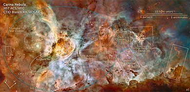 A 50-light-year wide nebula containing star clusters, dust pillars, Herbig-Haro object stellar jets, bright rimmed globules and the Keyhole Nebula