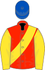 Scarlet, yellow sash and sleeves, royal blue cap
