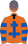 Orange, royal blue cross of lorraine, hooped sleeves and cap