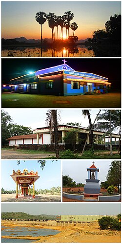 Left to right: Palm Trees, Sacred Heart Jesus Church, Sri Shanmukha Subramanya Temple, Shri Vaidyanatha Daivastana Iranthabettu, Shamboor Church Grotto, Vented Dam Shamboor