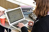 Researching sources for a new article during the Cornell University 2017 Art + Feminism Wikipedia edit-a-thon. Herbert F. Johnson Museum of Art, March 11, 2017.