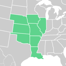 Symphyotrichum turbinellum distribution map: US — Arkansas, Illinois, Iowa, Kansas, Louisiana, Missouri, Nebraska, and Oklahoma.