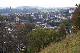 Tann as seen from Haltberg in Rüti, Pfannenstiel in the far background (October 2009)