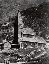 View of the old stave church before it was moved to Bergen
