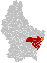 梅尔泰特在卢森堡地图上的位置，梅尔泰特为橙色，格雷文马赫县为深红色