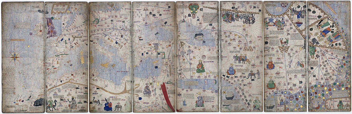 图为一幅14世纪时期的地图集，由地图学家亚伯拉罕·克雷斯克斯（英语：Abraham Cresques）编制。