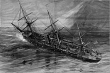 Black and white engraving of a three-masted wooden ship with a midship smokestack and a deck full of sailors heeling hard to port in rough seas