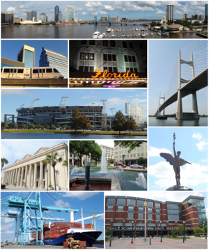由上至下：杰克逊维尔市中心、杰克逊维尔城铁（英语：Jacksonville Skyway）、佛罗里达剧院（英语：Florida Theatre）、达姆斯角大桥（英语：Dames Point Bridge）、TIAA银行球场（英语：TIAA Bank Field）、普赖姆·F·奥斯本三世会展中心（英语：Prime F. Osborn III Convention Center）、詹姆斯·威尔登·约翰逊公园（英语：James Weldon Johnson Park）、纪念公园（英语：Memorial Park (Jacksonville)）的雕塑、杰克逊维尔港（英语：JAXPORT）、威星退伍军人纪念体育馆（英语：VyStar Veterans Memorial Arena）
