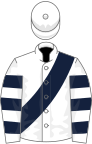 White, dark blue sash, hooped sleeves, white cap