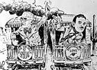Political cartoon by Jim Berryman depicting Truman and opponent Thomas E. Dewey campaigning in whistle stop train tours.