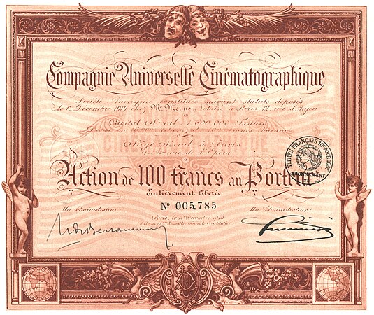 100法郎的不记名股票，由巴黎环球电影公司于1919年发行。