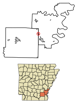 Location of Tillar in Desha County and Drew County, Arkansas.