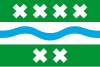 Three horizontal bands, top and bottom green with white saltires (4 on top and 2 on bottom). The centre band and contains a blue curved line from side to side.