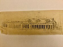 A yellowed charcoal sketch of Pennsylvania Station