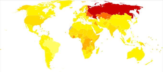 Disability-adjusted life year for poisonings per 100,000 inhabitants in 2004.[21]   no data   <10   10–90   90–170   170–250   250–330   330–410   410–490   490–570   570–650   650–700   700–880   >880