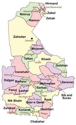 Location of Chabahar County in Sistan and Baluchestan province (bottom center, yellow)