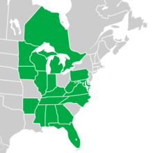 Symphyotrichum shortii native distribution map: Canada — Ontario; US — Alabama, Arkansas, Florida, Georgia, Illinois, Indiana, Iowa, Kentucky, Maryland, Michigan, Minnesota, Mississippi, North Carolina, Pennsylvania, Tennessee, Virginia, West Virginia, and Wisconsin.