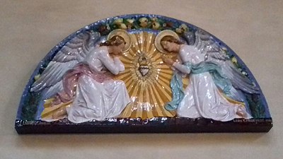 "Two angels adoring the Sacred-Heart", culpture in faience by Leon Chedevill and Jules Loebnitz (1881)