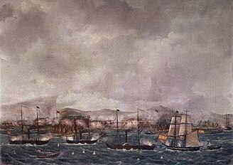 Spanish warships bombarding the Moro pirates of Balanguingui in 1848