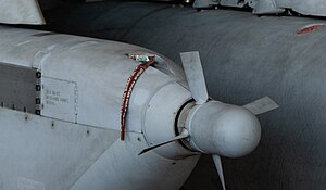 Cropped view of the ram air turbine—the turbine has four blades, which spin continuously to power the jamming system when the aircraft is in flight.