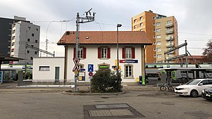 Two-story building with gabled roof