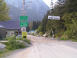 The border between Stewart, British Columbia, and Hyder, as seen from the Canadian side.