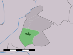 The village centre (dark green) and the statistical district (light green) of Hensbroek in the municipality of Obdam.