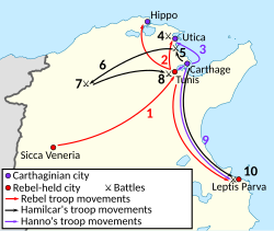 A map showing the major movements of both sides during the Mercenary War