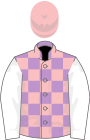 Mauve and pink check, white sleeves, pink cap