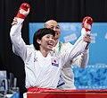 Kokoro Sakaji celebrating the victory with her trainer