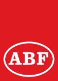 The upper case letters A, B and F, coloured white, enclosed by a white oval, all placed in the lower portion of an upright, red rectangle