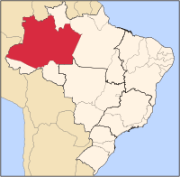 巴西地图，亚马逊州被涂上红色