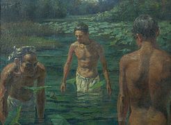 Painting of 3 Javanese men in a pond