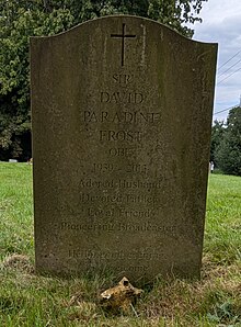 Gravestone of Sir David Frost in the graveyard of Holy Trinity Church, Nuffield, Oxfordshire, England. September-2024.