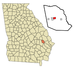 Map showing the location of Evans County and the location of the cities within the county