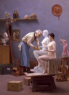《艺术家和他的模特》, 1894, 哈金博物馆; 热罗姆描绘他自己在雕刻塔纳格拉]].