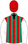Red and emerald green stripes, white sleeves, red cap