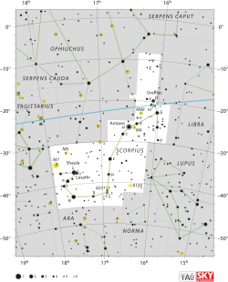 图显示了天蝎座的恒星和边界，以及星座周遭的环境。