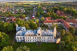 Aerial view of the palace and village