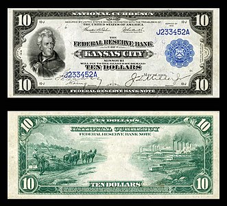 $10 FRBN (1915) depicting Andrew Jackson. FRB Kansas City.