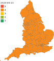 COVID-19 outbreak for England per COVID Alert Level System map