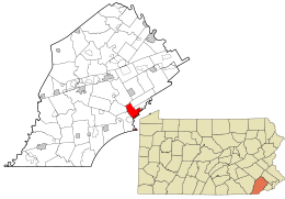 Location of Birmingham Township in Chester County, Pennsylvania (left) and of Chester County in Pennsylvania (right)