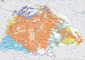 Ethnic map of the Kingdom of Hungary in 1495 by the Hungarian Academy of Sciences, based on their research. Hungarians are depicted in orange.[64][65][66]