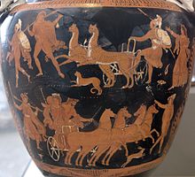 Detail of a Greek red-figure vase. There are two rows of figures. On the top row, two men stand to the left; in the centre two leopards pull a chariot which an armoured man in climbing on to; on the right stands a woman, arm outstretched. On the bottom row, four horses pull a chariot carrying a man and a woman in the centre; a female figure stands to the left, and a male figure stands to the right.