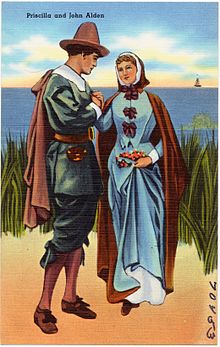 A drawing of a couple in inaccurate, stereotypical "Pilgrim" costume. The man holds one of the woman's hands in both of his. A ship is on the horizon, presumably the Mayflower.